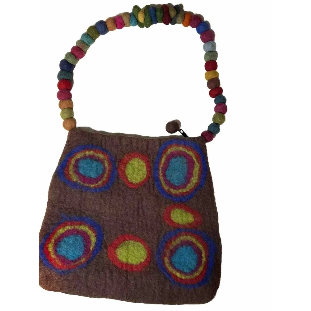 Brown Felted Wool Artsy Purse Hand Bag Nepal Funky Hippie